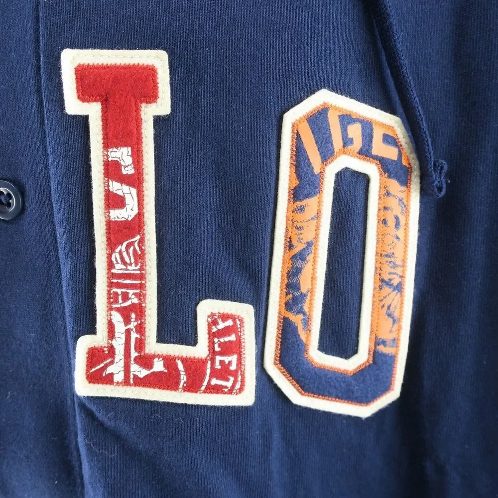 Ralph Lauren Polo Sweatshirt Mens 2XB Blue Hooded Baseball Jersey Shirt Spellout
